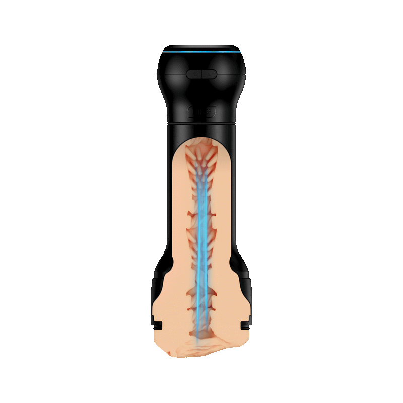 GIF showcases the KIIROO PowerBlow Attachment on top of the FeelKayley stroker. The cross-section of the stroker shows the internal texture of the stroker. As the KIIROO PowerBlow Attachment sucks, the texture of the internal stroker is squeezing with each suction pulse of the PowerBlow. | Kinkly Shop