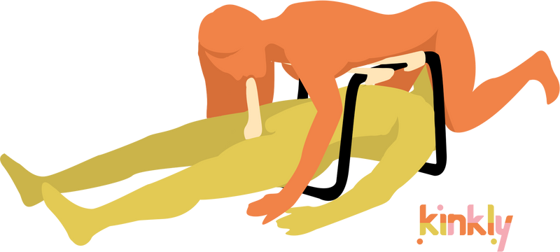 Illustration of a couple using the XR Bangin' Bench. They are doing a modified 69 position. The bottom partner is laying underneath the Bangin' Bench. The top partner is straddling the bottom partner's face, laying their torso on top of the Bangin' Bench to support their body weight while simultaneously giving oral sex. | Kinkly Shop