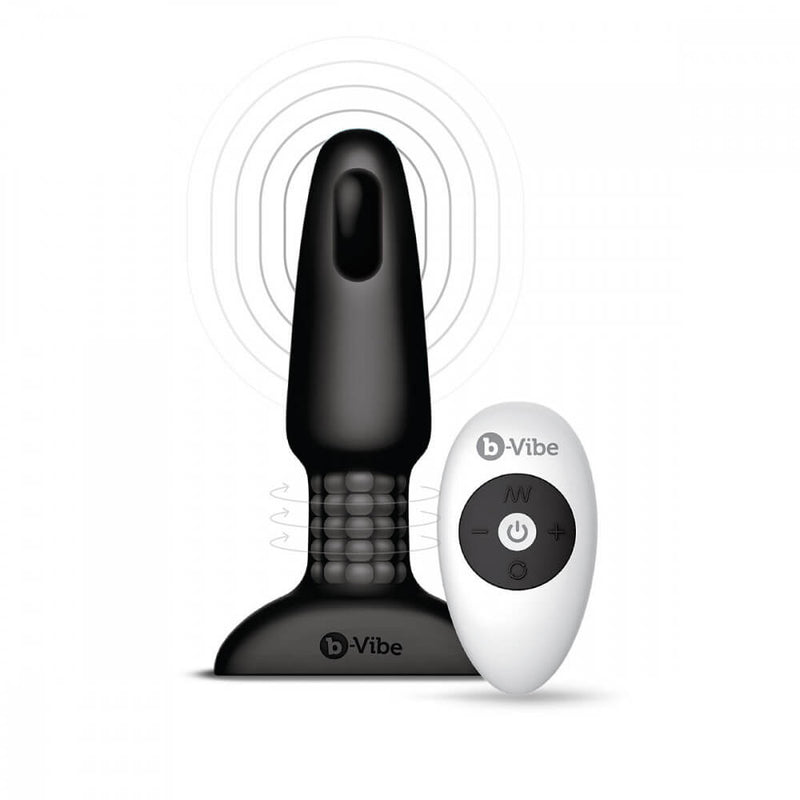 b-Vibe Rimming Plug 2 shown in front of a white background with a semi transparent shaft. This showcases the vibration motor in the tip of the plug as well as the rotating beads that are within the retention area of the plug for extra sensations. | Kinkly Shop