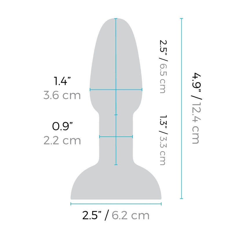 An outline of the b-Vibe Petite Rimming Plug with the measurements for the toy superimposed over all of the angles of it. All of the measurements can be found within the product description. | Kinkly Shop
