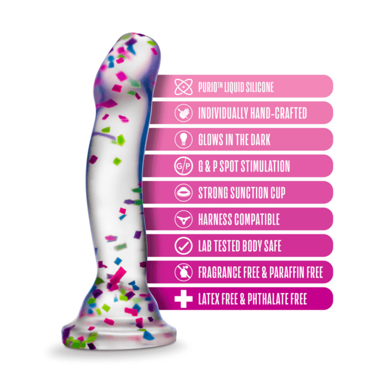 The Blush Neo Hanky Panky dildo shown in front of a plain white background. Text is next to the dildo showcasing all of the dildos different features. Text reads: "PurIQ liquid silicone. Hand-crafted. Glows in the dark. G and P spot stimulation. Strong suction cup. Harness compatible. Lab tested body safe. Fragrance and paraffin free. Latex free and phthalate free." | Kinkly Shop