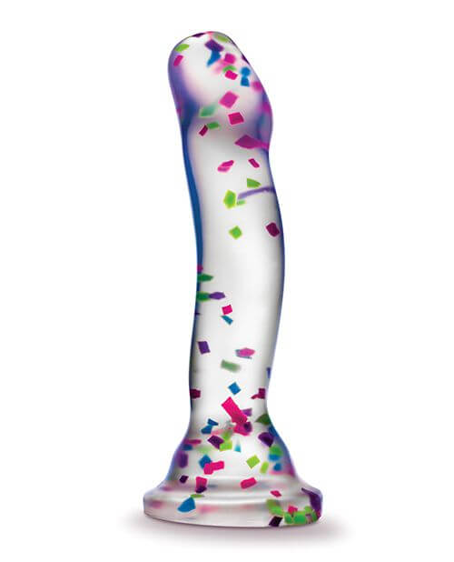 The Blush Neo Hanky Panky dildo up against a plain white background. The dildo looks see-through with interesting confetti design within the dildo. | Kinkly Shop