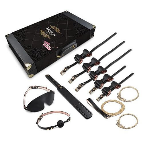 Everything included in the Blush Temptasia Safe Word Bondage Kit, spread out against a white background. The full list of contents is included within the text description of the set. | Kinkly Shop