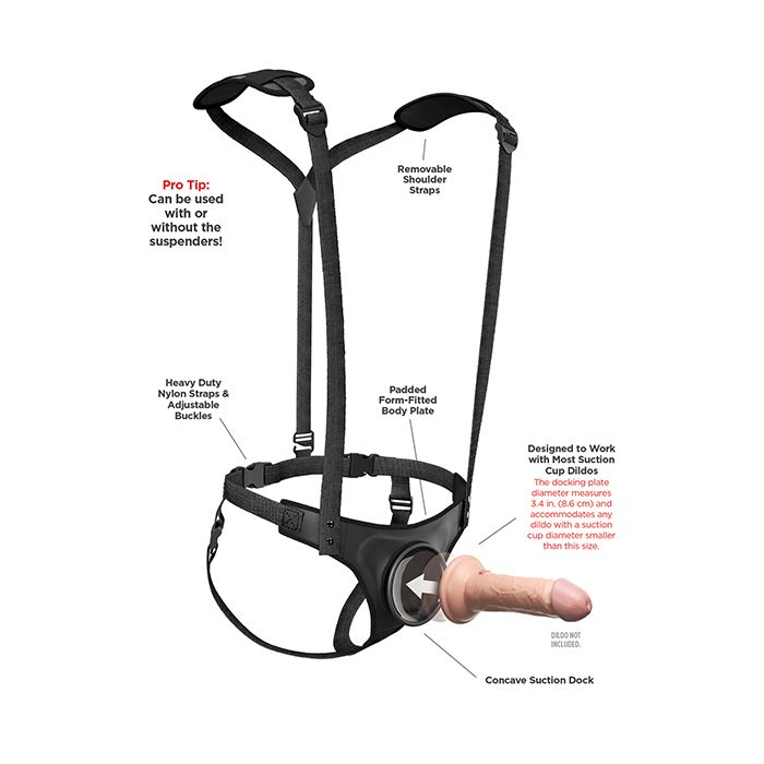 The Body Dock Suspender Strap-on Harness "worn" on an invisible mannequin to show how it fits onto the body. Text on the image includes: "Can be used with or without the suspenders. Removable shoulder straps. Heavy duty nylon straps & adjustable buckles. Padded form-fitted body plate. Designed to work with most suction cup dildos. Concave suction dock. Dildo not included." | Kinkly Shop