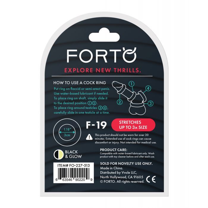 Backside of the packaging for the Forto F-19 Two-Tone Glow in the Dark. | Kinkly Shop