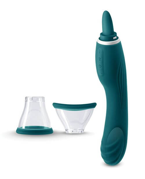 The Inya Triple Delight shown without its pussy pump cup on. Instead, both cups are lying next to the two, showcasing the two different curvature options the toy offers. | Kinkly Shop