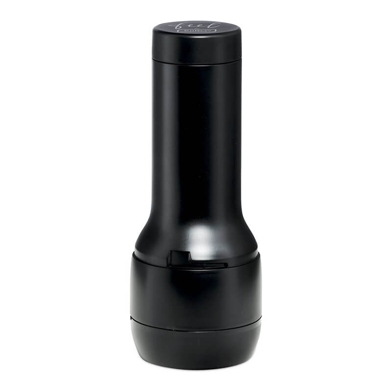 The KIIROO FeelStars FeelApolonia Stroker shown with both the lid and the end cap fastened onto the stroker. It looks like a plain black case with none of the soft, TPE stroker parts visible. This keeps hair and lint and dust off the internal stroker itself when not in use. | Kinkly Shop
