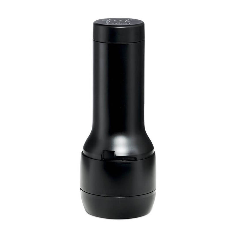 The KIIROO FeelStars FeelKenzie Stroker with the lid and the stroker cap on. WIth all of the caps on, the exterior of the stroker is a hard, glossy plastic to protect the interior stroker texture. | Kinkly Shop