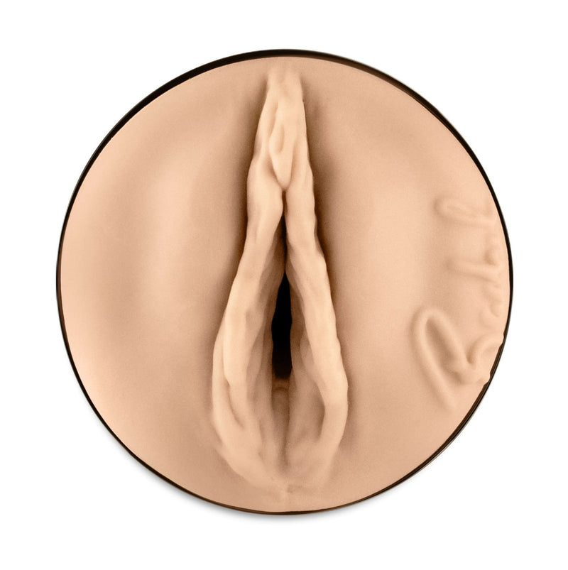 Close-up of the KIIROO FeelStars FeelRachel Stroker orifice. It is a vulva directly modeled from Rachel Starr's body. Rachel's signature is also crafted into the orifice itself, off to the side. | Kinkly Shop
