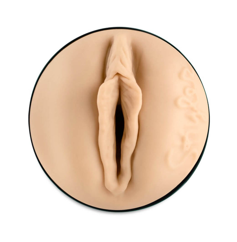 Close-up of the orifice for the entrance of the KIIROO FeelStars FeelSkyler Stroker. The vulva is molded directly from Skyler Lo's body. Her signature is also displayed next to the labia. | Kinkly Shop