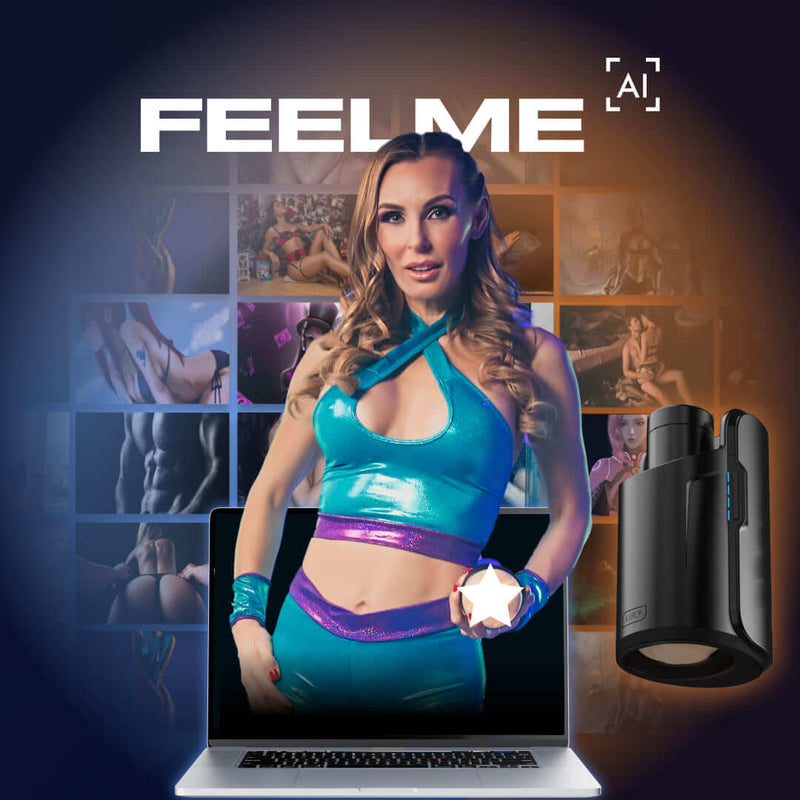 A collage of Tanya Tate shown coming out of a laptop computer screen. Multiple porn screenshots are shown in the background of the collage, simulating the synchronization that the FeelMe AI can provide when used with the KEON. | Kinkly Shop