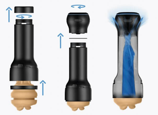 Three images, side-by-side, show how to equip the KIIROO PowerBlow Attachment. First, the base cap of the KIIROO stroker is removed and a silicone ring is added near the orifice to prevent air leakage. Next, the KIIROO PowerBlow Attachment is screwed onto the end of the KIIROO stroker's case. The final image shows the intense suction the PowerBlow now provides within the KIIROO stroker. | Kinkly Shop