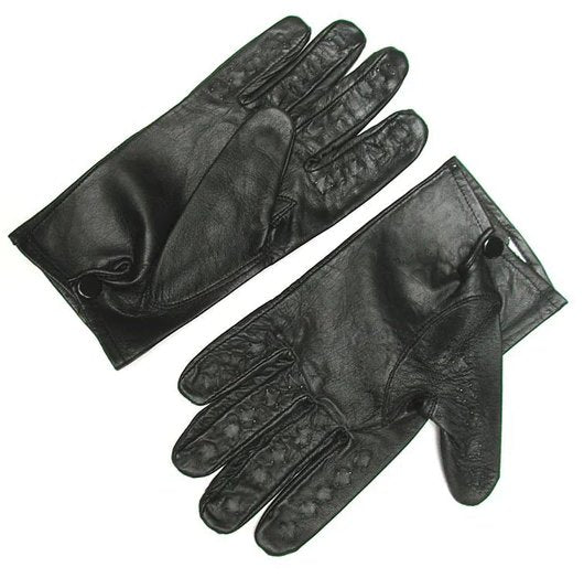 Both of the Kinklab Vampire Gloves laying flat. The top-down image shows the design of both gloves. They have a single snap button at the wrist to help fasten them in place. Spikes line each one of the fingers including the thumb. The rest of the glove is made from a smooth, supple leather. | Kinkly Shop