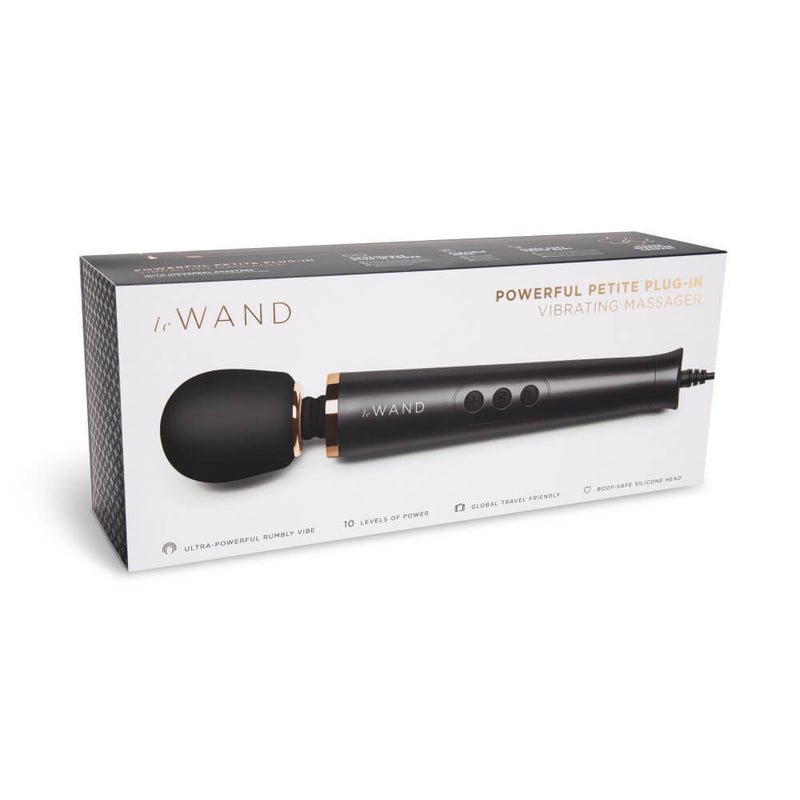The Le Wand Petite Plug-In Massager packaging for the black color. The packaging is white and black and rectangular. | Kinkly Shop