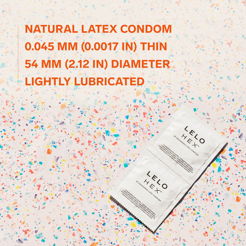 Two individually wrapped LELO Hex condoms lay out on top of a confetti countertop. Text on the image reads: "Natural latex condom. 0.045mm thin. 54mm diameter. Lightly lubricated." | Kinkly Shop