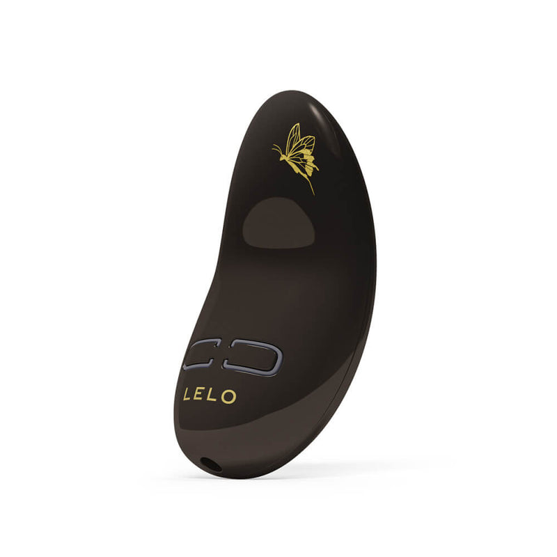 LELO NEA 3 in pitch black. There are two buttons at the base of the vibrator and a butterfly etched into the toy's tip in gold. | Kinkly Shop
