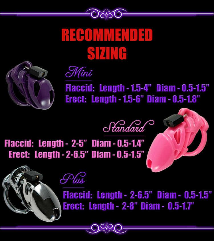 Recommended sizing chart for the Locked in Lust Vice Plus. All of this information is available in the written description. | Kinkly Shop