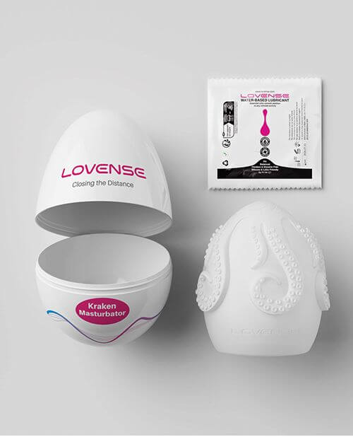 Everything included with a Lovense Kraken Egg. There's the plastic egg itself, the stroker inside of the Egg, and a small packet of lube that arrives inside of the egg for easy use. | Kinkly Shop