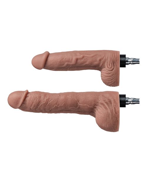 Both of the included silicone dildos shown on top of their Vac-U-Lock attachment bases. The Small is a bit shorter than the Large, but they are both about the same diameter. Both have a realistic design with a circumsized head and testicles. | Kinkly Shop