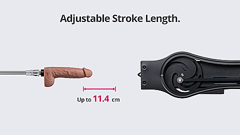 GIF shows how changing the internal connection of the dildo connecting rod will allow for shorter or longer thrusts. An internal view of the connecting rod changes while the other half of the GIF shows the corresponding thrust length for that spot. The text reads "Adjustable Stroke Length. Up to 11.4cm" | Kinkly Shop