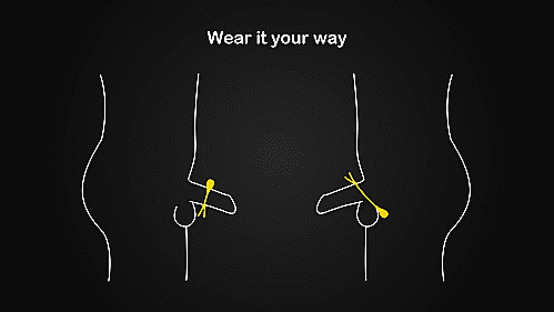 Two illustrated penises are shown next to one another, each wearing the Nexus Forge Lasso Vibrating Ring. The text reads "Wear it Your Way". One of the penises is wearing the Lasso underneath the penis and testicles while the other penis is wearing it on top of the testicles but at the base of the shaft. | Kinkly Shop