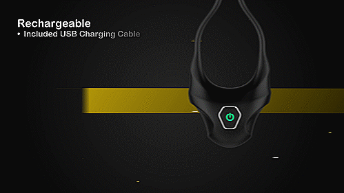 GIF shows the charging cable plugging into the bottom of the Nexus Forge Lasso Vibrating Ring. The charging port is directly below the power button at the tip of the toy. The text on the GIF reads "Rechargeable. Included USB Charging Cable." | Kinkly Shop