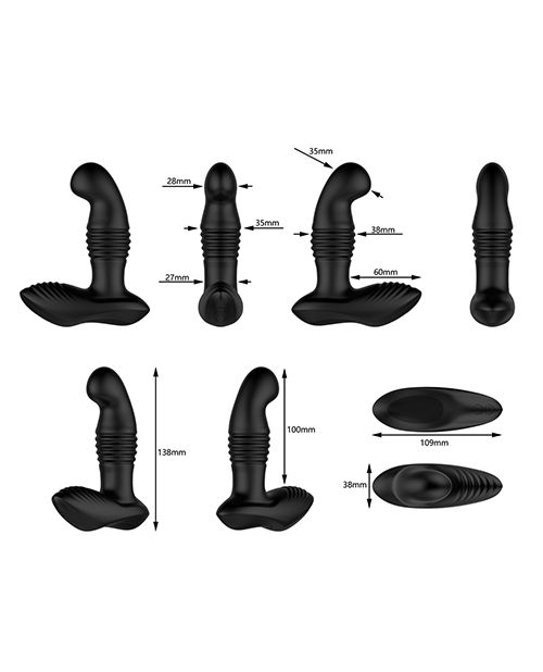 Various angles of the Nexus Thrust - Prostate Edition in a single image. Measurements for different aspects are shown next to the images of the toy to point out different lengths and widths. | Kinkly Shop