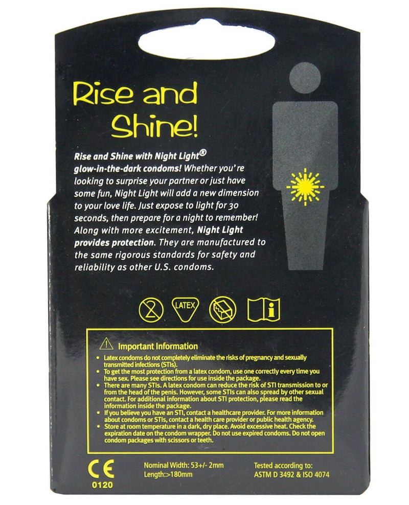 Backside of the packaging for the Night Light Glow-in-the-Dark Condoms | Kinkly Shop