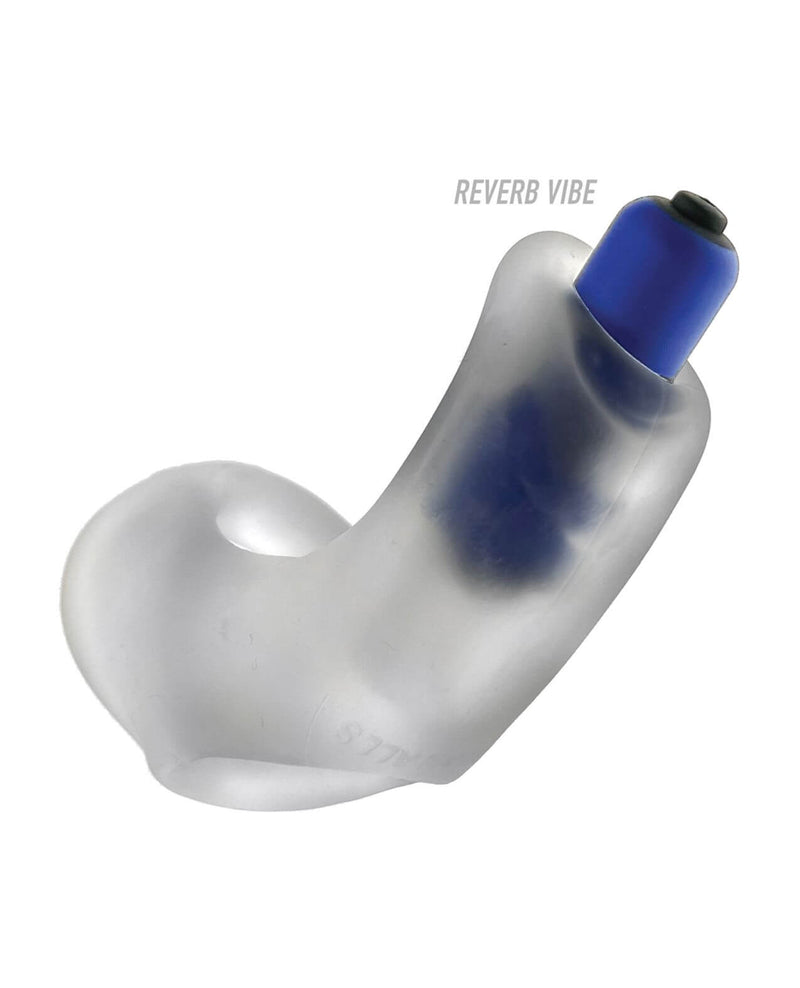 The Oxballs Buzzfuck Taint Vibrator in Clear Ice. The cock ring looks semi see-through, and the blue of the included bullet vibrator slid inside the cock ring can be seen through the cock ring's surface. | Kinkly Shop
