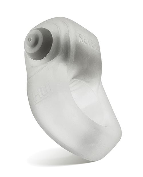 Oxballs Glowdick in Clear at a side angle. This side angle showcases how the cock ring is thicker and slightly angled, designed to rest against the base of the shaft to "push out" the package for a larger appearance. | Kinkly Shop