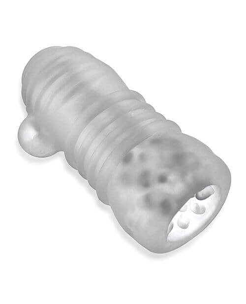 Top down view of the semi-translucent Oxballs Jack't stroker. This showcases the protruding nubbed texture near the entrance of the stroker that transitions into a thick, ribbing through the rest of the stroker. The stretchy finger hole on one side of the stroker can also be viewed to make it easier to keep ahold of this stroker during use. | Kinkly Shop