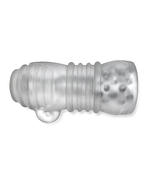 Top-down view of the Oxballs Jack't stroker. The protruding finger hole is very prominent in this view, showcasing where a finger could be slid in to make it easier to keep a good grip on the toy. | Kinkly Shop