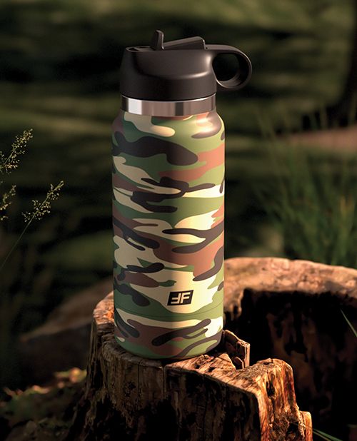 The PDX Plus Fap Flask in Camo sitting on a tree stump. The green, black, beige, and brown colors look like camoflage, and the water bottle looks like a standard water bottle you'd take on a hunting trip. | Kinkly Shop
