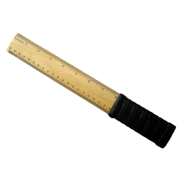 Ruff Doggie Styles Naughty Ruler in front of a plain white background. It's a brown classic ruler with a leather wrapped handle. | Kinkly Shop