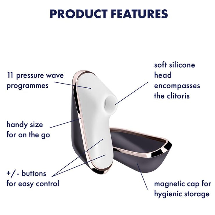 Satisfyer Pro Traveler in front of a white background. Text and arrows are pointing to different parts of the toy. Text on the image reads "Product features. 11 pessure wave programmes. Handy size for on the go. Plus Minus buttons for easy control. Soft silicone head encompasses the clitoris. Magnetic cap for hygienic storage." | Kinkly Shop