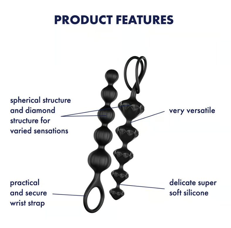 The Satisfyer Love Beads in Black against a white background. Arrows and text point out various features of the anal beads. Text reads: "Product features. Spherical structure and diamond structure for varied sensations. Practical and secure wrist strap. Very versatile. Delicate super soft silicone." | Kinkly Shop