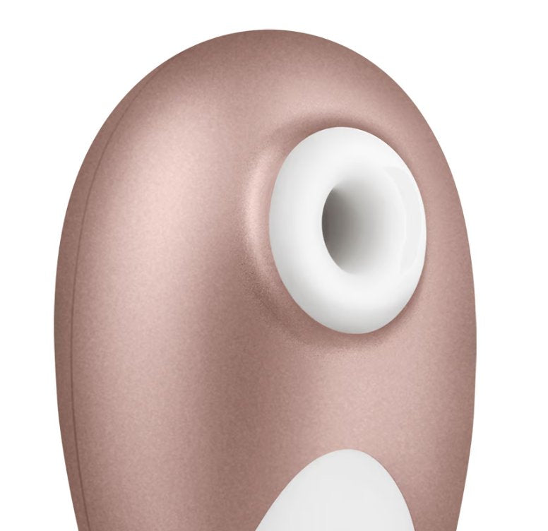 Close-up of the air suction tip of the Satisfyer Pro Deluxe. It's built into the Deluxe itself. It looks like a relatively narrow hole. | Kinkly Shop