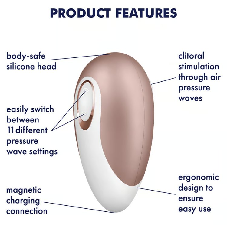 The Satisfyer Pro Deluxe in front of a plain white background. There are arrows and text around the product image that showcase the different features. Text includes: "Product features. Body-safe silicone head. Easily switch between 11 different pressure wave settings. Magnetic charging connection. Clitoral stimulation through air pressure waves. Ergonomic design to ensure easy use." | Kinkly Shop