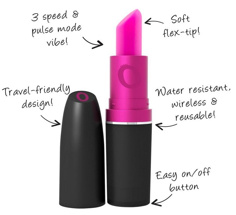 Screaming O My Secret Vibrating Lipstick up against a white background with the features written around it in text. Text reads: "3 speed and pulse mode vibe. Travel-friendly design. Soft flex-tip. Water-resistant, wireless, and reusable. Easy on/off button." | Kinkly Shop
