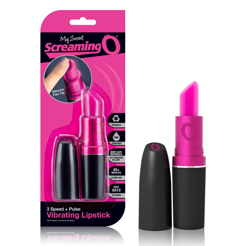 The Screaming O My Secret Vibrating Lipstick sitting out next to the packaging that it comes in. | Kinkly Shop