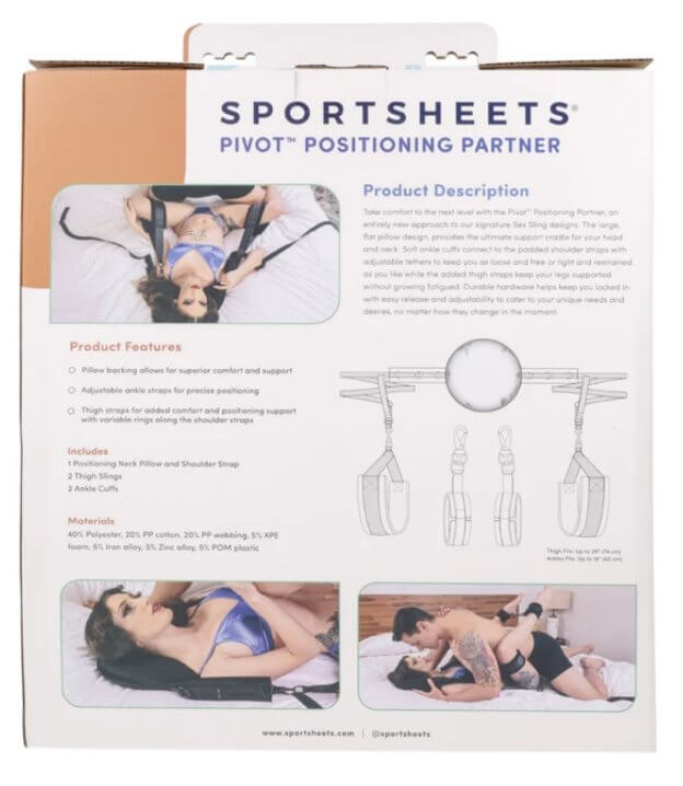 Backside of the Sportsheets Pivot Positioning Partner packaging. | Kinkly Shop