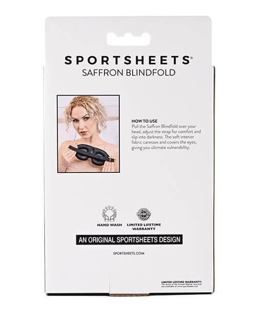 Backside of the Sportsheets Saffron Blackout Blindfold packaging. | Kinkly Shop