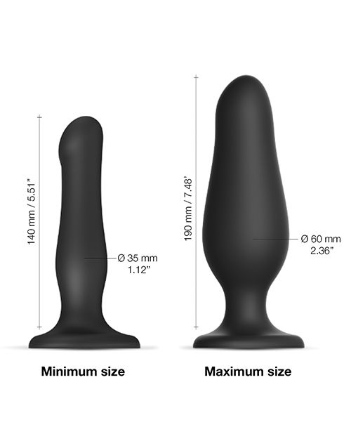 Measurements show the minimum size and maximum size that the Strap-on-Me Inflatable Dildo Plug can reach. The two toys are shown next to one another for a visual reference. All measurements can be read in the product description. | Kinkly Shop