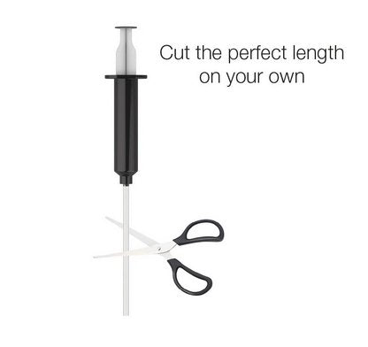 A pair of scissors is shown about to snip the tubing cable that's extending away from the hole on the syringe. The text on the image reads "Cut the perfect length on your own" | Kinkly Shop