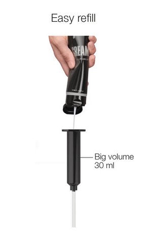 A person is squirting a bottom of lube into the top of the syringe. The syringe's depressor is removed, making it easy to simply squirt lube into the syringe for easy refills. The text on the image reads "Easy refill. Big volume: 30ml" | Kinkly Shop