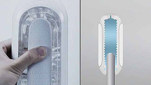 GIF shows how the pressure plates work. A hand on the left-hand side of the image is tightening and loosening its pressure on the pressure plate. On the right of the image, a crosssection illustration shows how the stroker's texture tightens and squeezes around anything inside of it when the pressure plate is pushed in. | Kinkly Shop