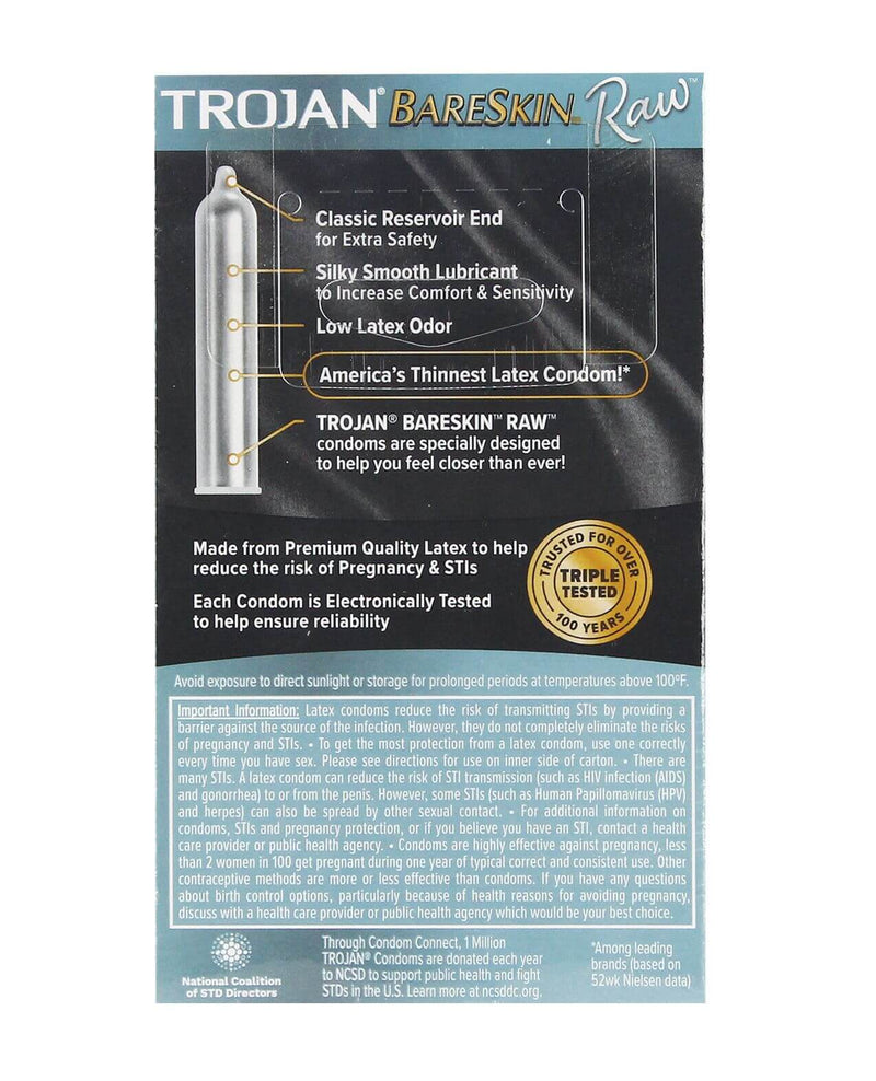 Back-side of the Trojan Bareskin RAW Condoms packaging | Kinkly Shop