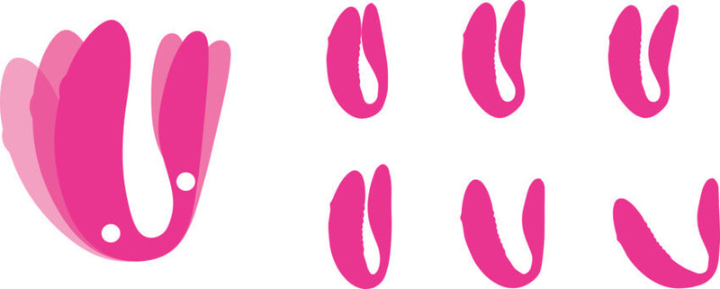 Outlines of the We-Vibe Chorus vibrator all shown next to each other. One image shows the two hinge joints that can be adjusted. There are then 6 other images showcasing different shapes that the Chorus can make once those two hinge joints are adjusted to find a good fit for your own body. | Kinkly Shop