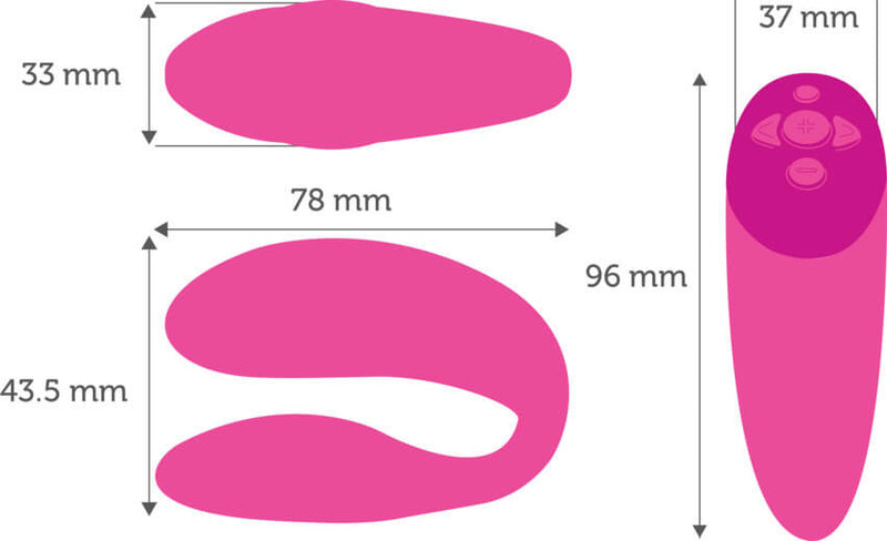 Illustrated outlines of the We-Vibe Chorus and its remote with measurements for the toy superimposed on top of them. All measurements can be found in the product description text itself. | Kinkly Shop