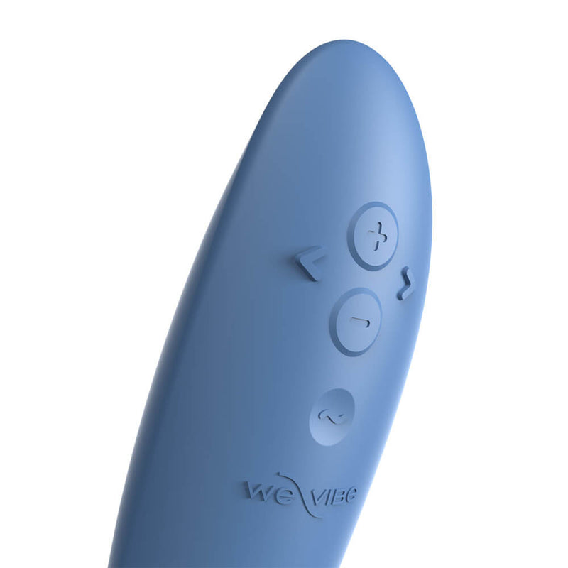Close-up of the buttons on the handle of the We-Vibe Rave 2. There are five different buttons including intensity adjustment, pattern scrolling, and the power button. | Kinkly Shop